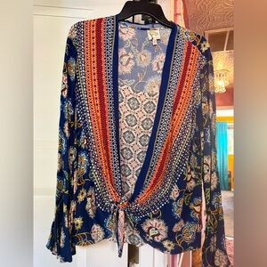 Fig and Flower Multicolor Boho Tie-Front Blouse with Built in Tank